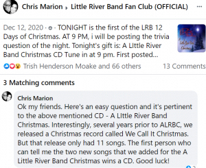 12 days of Christmas contest hosted by Little River Band 